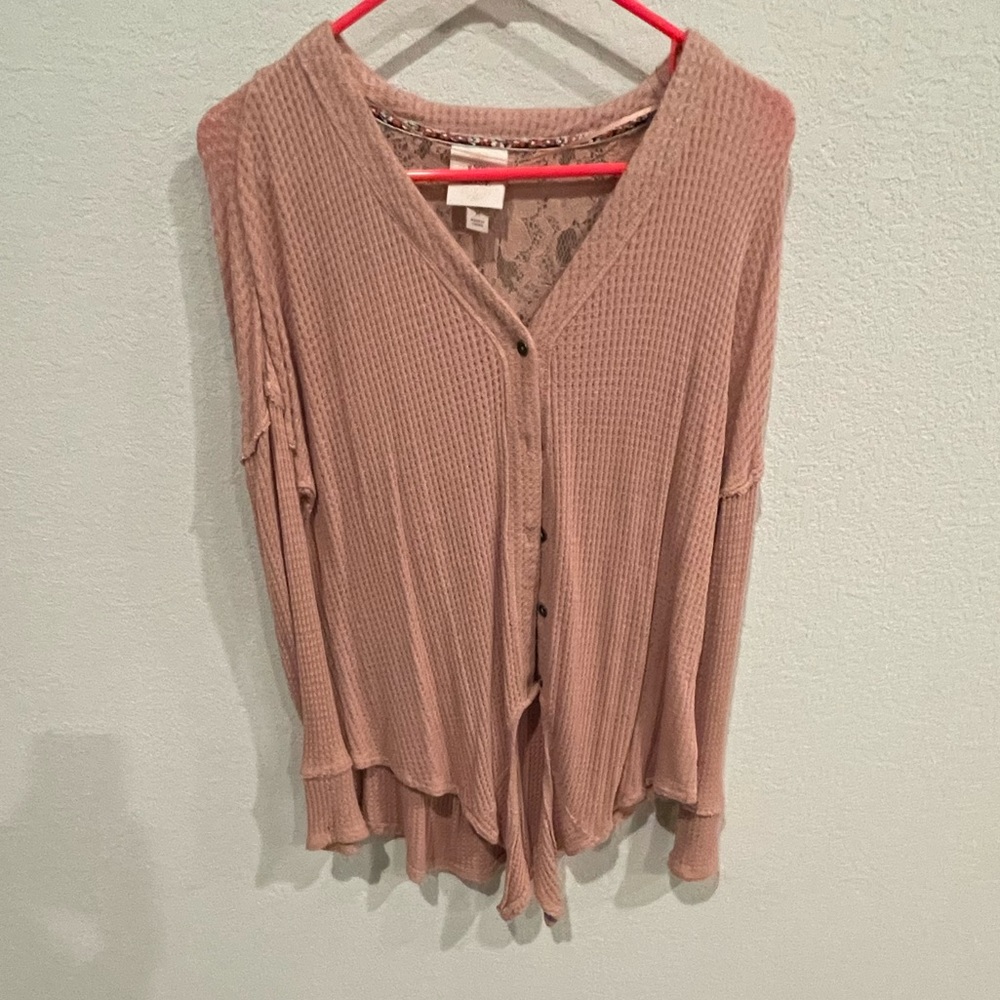 v-neck button down pink shirt/sweater